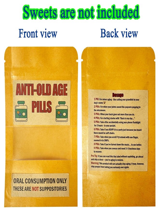 PHAWNGU 4 Pack Funny Anti-Old Age Pills (Empty Pouch) - Gag Gift for Seniors, Over the Hill Birthday, Retirement Party Favor, Joke Gift Bag for Men & Women Without Sweets - Image 2